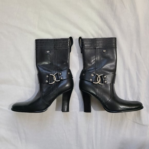 Harley Davidson Black Motorcycle Boots with Side Zip & 4" High Heel - Size 7 - Picture 1 of 15